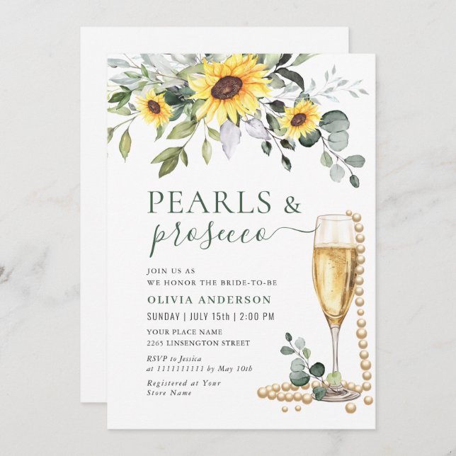 Invitation Elégant tournesol Eucalyptus PEARLS & Prosecco (Devant / Derrière)