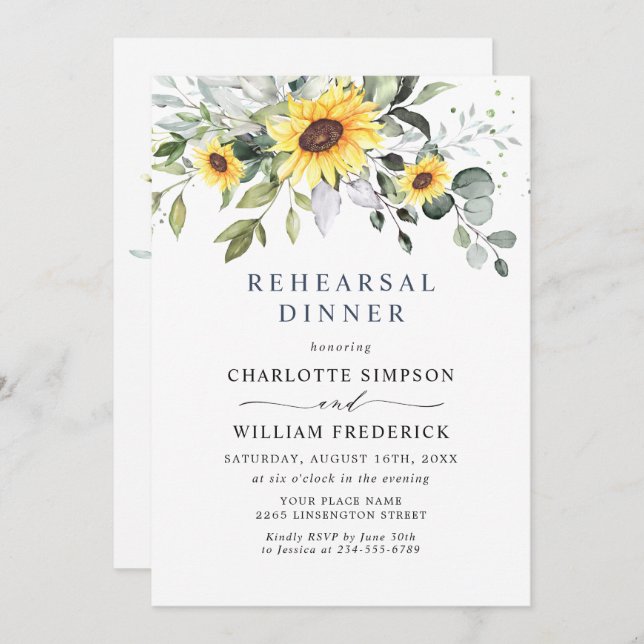 Invitation Élégant tournesol Eucalyptus REHEARSAL DÎNER (Devant / Derrière)