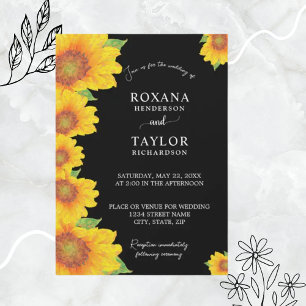 Invitation Élégant tournesol noir fond Mariage floral