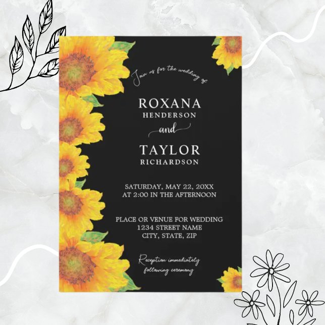 Invitation Élégant tournesol noir fond Mariage floral (Créateur téléchargé)