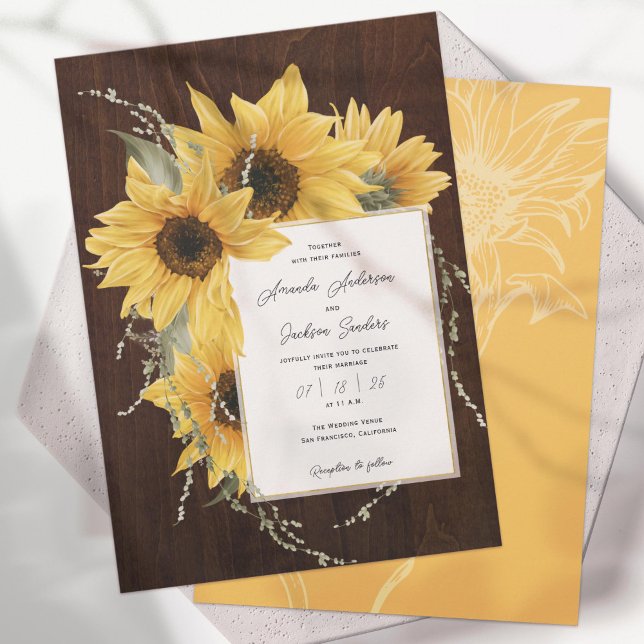 Invitation Élégant tournesol rustique, Mariage de automne (Rustic Sunflower, Elegant Country Wedding Invitations. Available in 4 color options.)