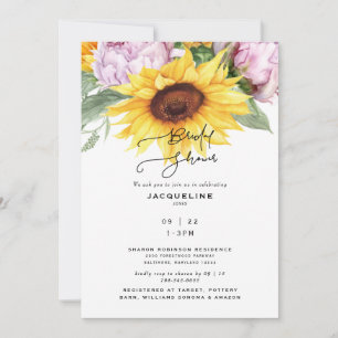 Invitation Élégant Tournesols & Pivoines Fête de Mariage Blan