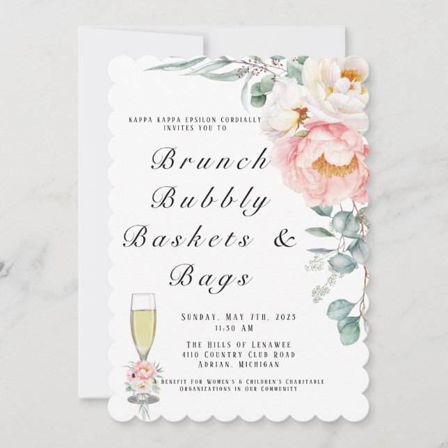 Invitation Elégant tourteau rose Eucalyptus Brunch et Bubbly (Devant)
