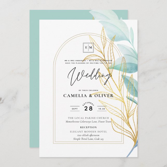 Invitation Élégant tout-en-1 verre de mer Turquoise Mariage f (Devant / Derrière)