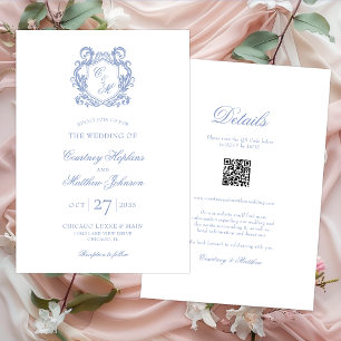 Invitation Élégant Tout-En-Un à Blason Monogramme Bleu Poussi