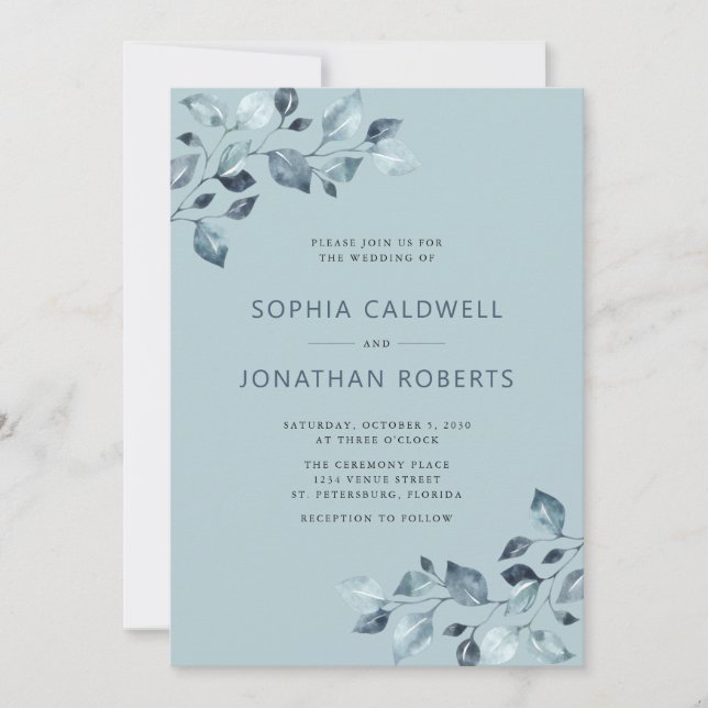 Invitation Elégant tout en un Dusty Blue Eucalyptus Mariage (Devant)