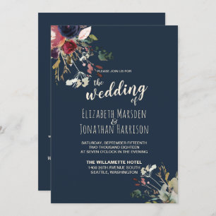 Invitation Elégant tout en un Marine Rose Bourgogne Mariage o