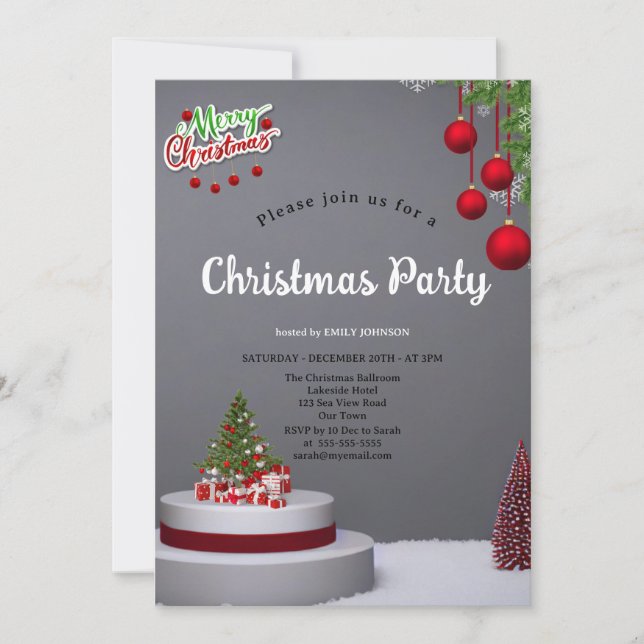 Invitation Elegant tree baubles and background grey Christmas (Devant)