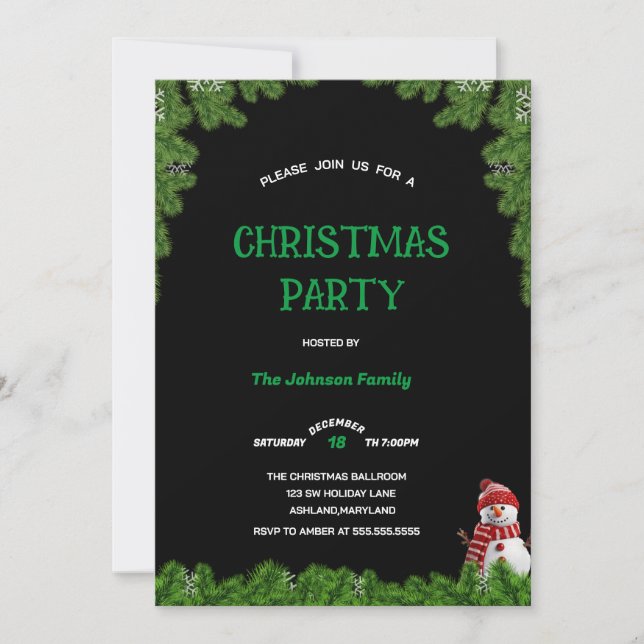 Invitation Elegant tree pine CHRISTMAS PARTY Black green   (Devant)