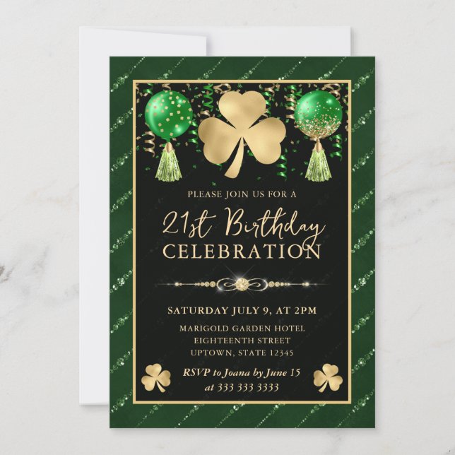 Invitation Élégant Trèfle de la Saint-Patrick Vert et Or 21e  (Devant)