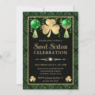 Invitation Élégant Trèfle Vert et Or Sweet Sixteen