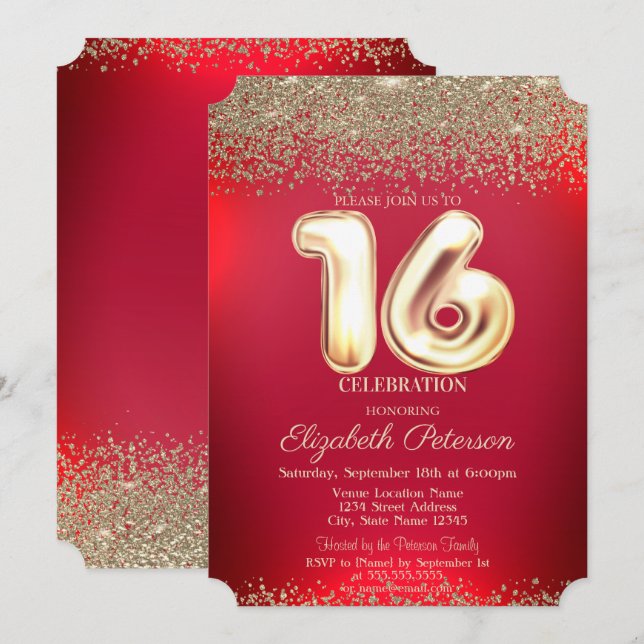 Invitation Elégant Trendy Red Gold Confetti Diamond Sweet 16 (Devant / Derrière)