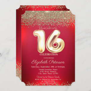 Invitation Elégant Trendy Red Gold Confetti Diamond Sweet 16