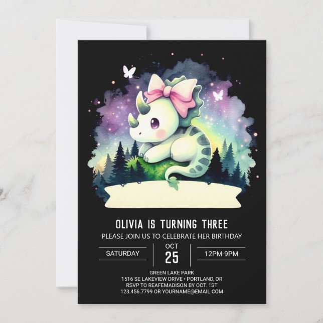 Invitation Elégant Tricératops Fille Anniversaire (Devant)