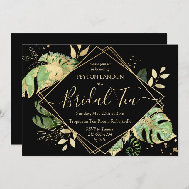 Invitation Elégant Tropical Black & Gold Fête des mariées Tea (Devant / Derrière)