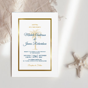 Invitation Elégant Tropical Blue Gold Palm Tree Beach Mariage