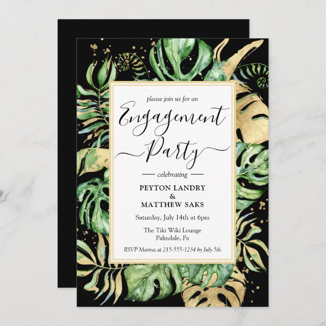 Invitation Élégant Tropical Gold & Black Engagement Party (Devant / Derrière)