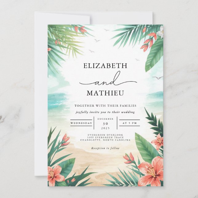 Invitation Elégant Tropical Green Plage Floral Mariage (Devant)