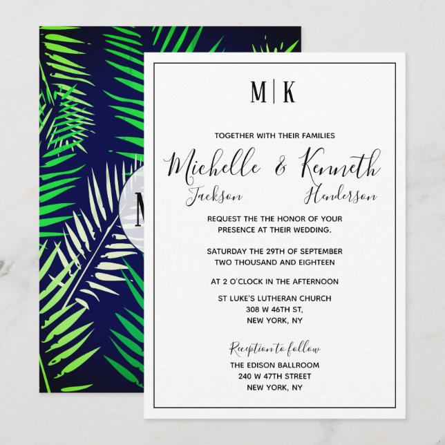 Invitation Elégant Tropical Print & Modern Typography Mariage (Devant / Derrière)