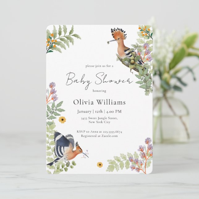 Invitation Elegant Tropical Wildflower Birds Baby Shower (Debout devant)