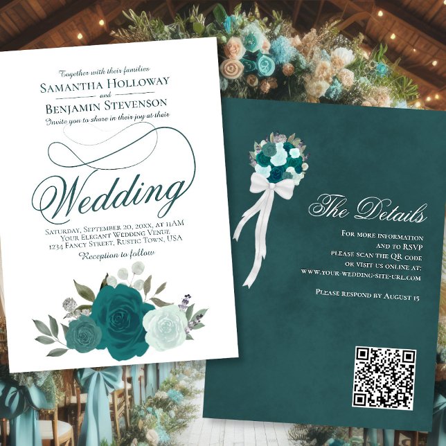 Invitation Elégant Turquoise & Aqua Roses Floral QR Code Mari (Front/Back)