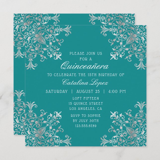 Invitation Elégant Turquoise Argent Orné Floral Quinceañera (Devant / Derrière)