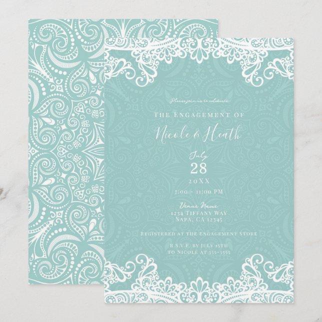 Invitation Élégant Turquoise Blanc Broderie Engagement   (Devant / Derrière)