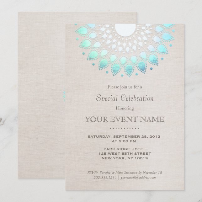 Invitation Élégant Turquoise Bleu Beige Aspect Lin (Devant / Derrière)