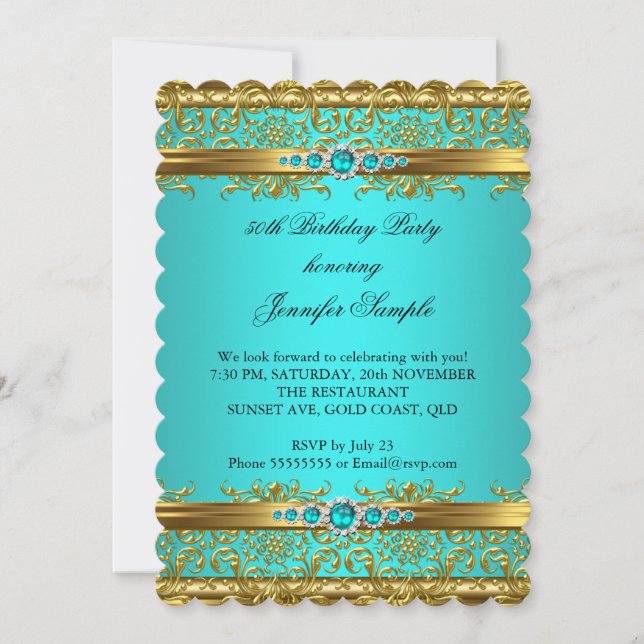 Invitation Elégant Turquoise Bleu Or Damas Diamant Anniversai (Devant)