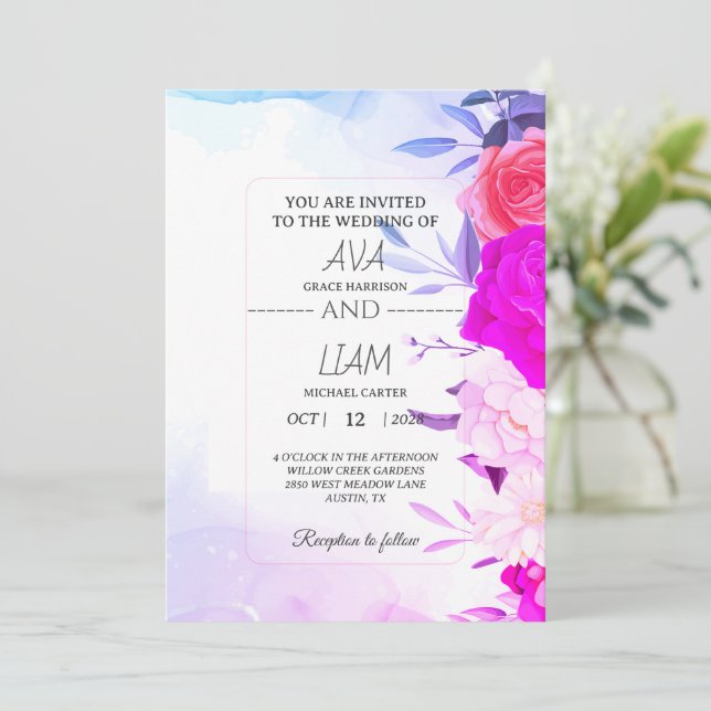Invitation Elegant Turquoise Blue Floral Watercolor Wedding  (Debout devant)