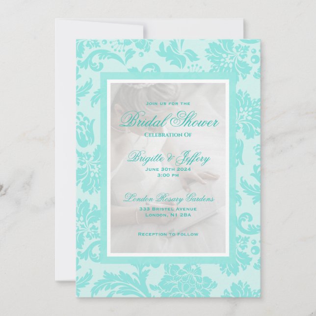 Invitation Elégant turquoise damask douche nuptiale personnal (Devant)