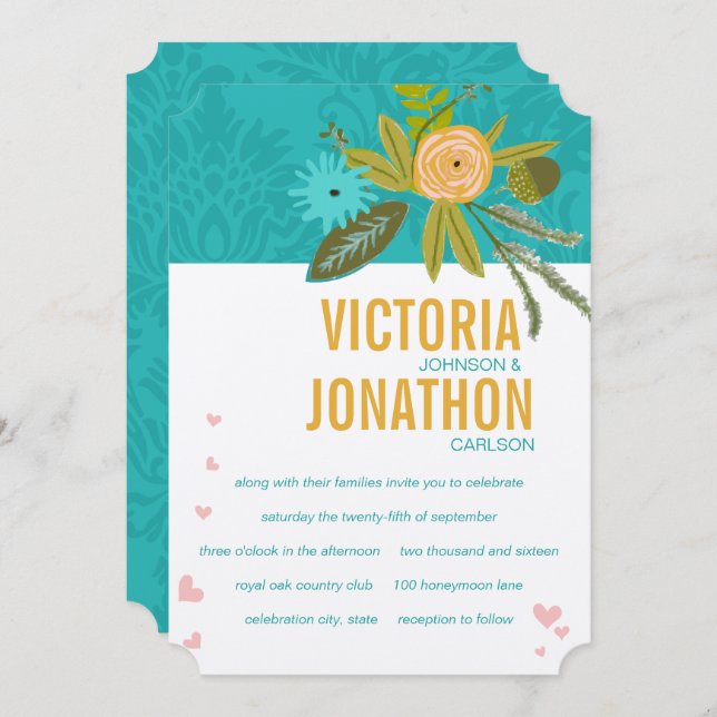Invitation Elégant Turquoise Damask Turquoise Pink Gold Maria (Devant / Derrière)