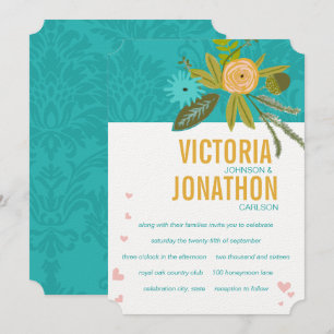 Invitation Elégant Turquoise Damask Turquoise Pink Gold Maria
