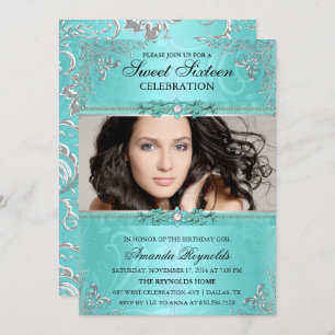 Invitation Élégant Turquoise et argent Sweet sixteen Floral I