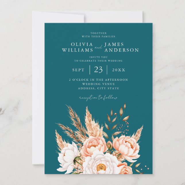 Invitation Elégant Turquoise foncé Boho Chic Fall Floral Mari (Devant)