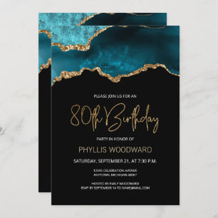 Invitation Elégant Turquoise Gold Agate 80e anniversaire