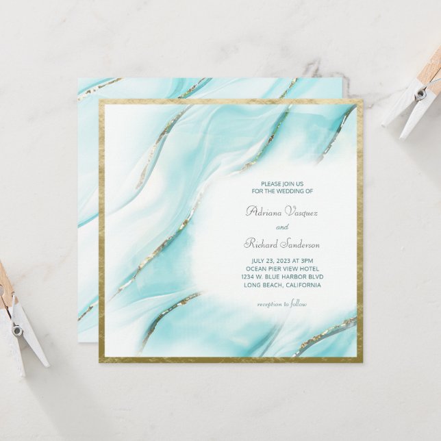 Invitation Elégant Turquoise Gold Agate Carré Mariage (Devant/Arrière en situation)