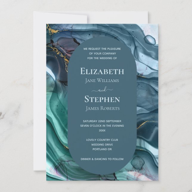 Invitation Élégant Turquoise & Gold Agate Mariage (Devant)