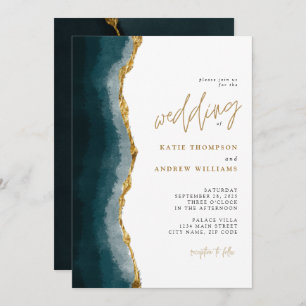 Invitation Élégant Turquoise Gold Agate Mariage de calligraph