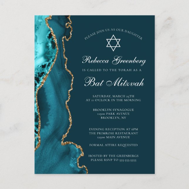 Invitation Elegant Turquoise Gold Bat mitzvah Part (Devant)