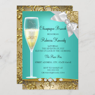 Invitation Elégant Turquoise Gold Blanc Champagne Brunch Invi