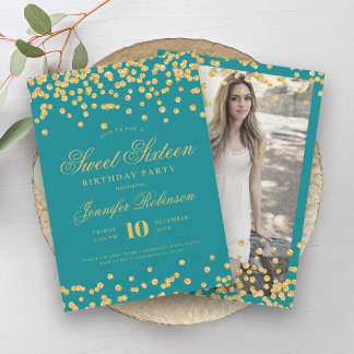 Invitation Elégant Turquoise Gold Confetti Photo Sweet 16