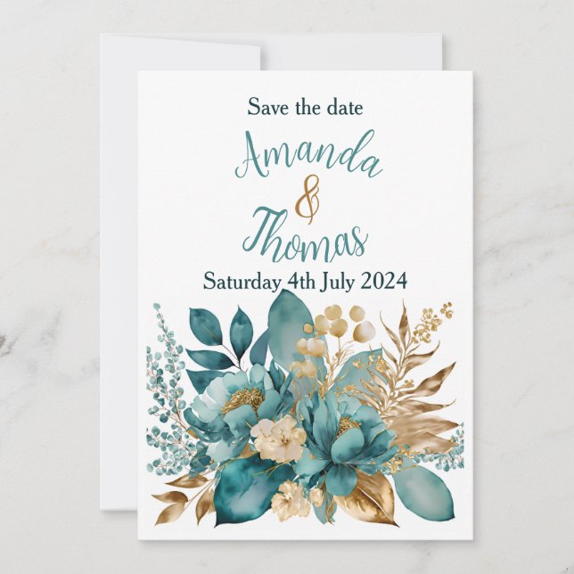 Invitation Elégant Turquoise & Gold Floral enregistrer la dat (Devant)