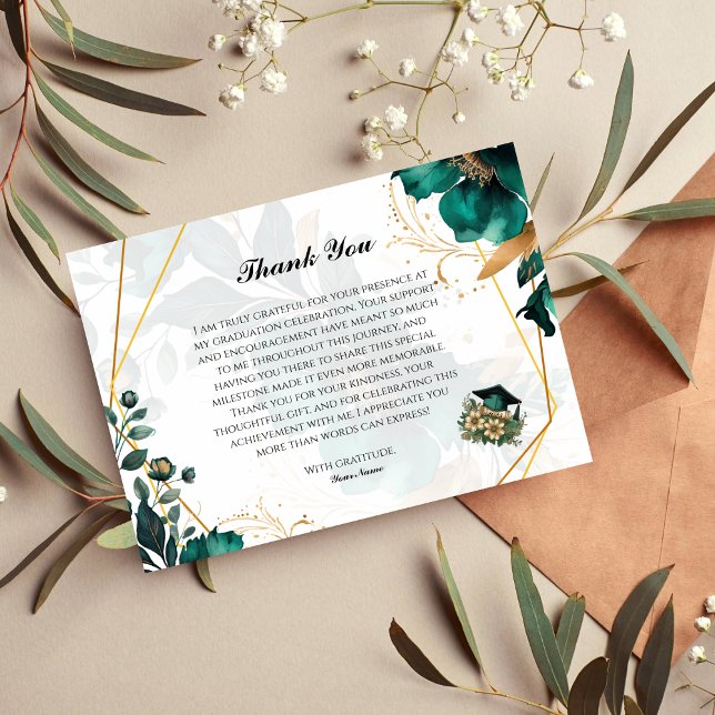 Invitation Élégant Turquoise & Gold Floral Graduation Merci (Créateur téléchargé)