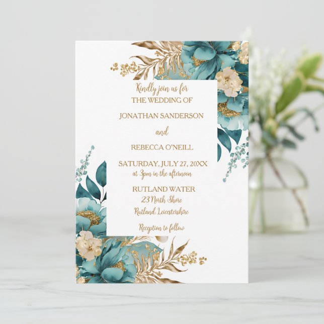 Invitation Elégant Turquoise & Gold Floral mariage (Debout devant)