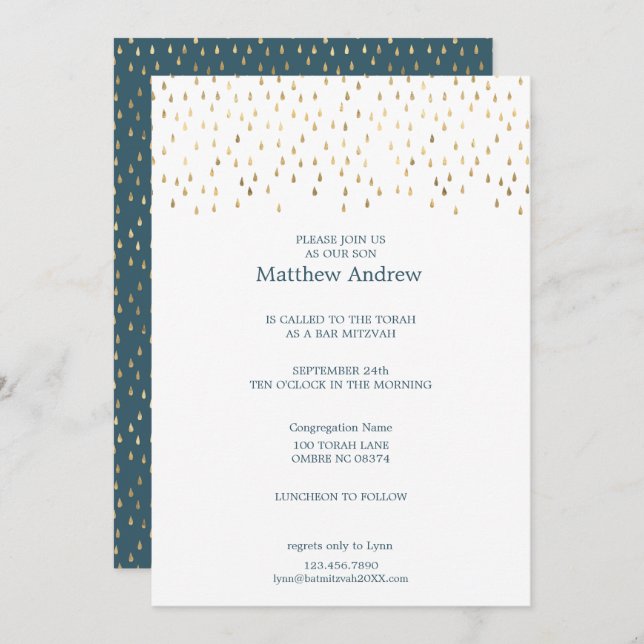Invitation Élégant Turquoise & Gold Raindrops Bat mitzvah (Devant / Derrière)