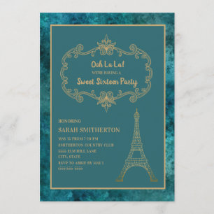 Invitation Elégant Turquoise Gold Tour Eiffel Sweet 16