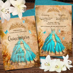 Invitation Elégant Turquoise Golden Vintage Quinceañera