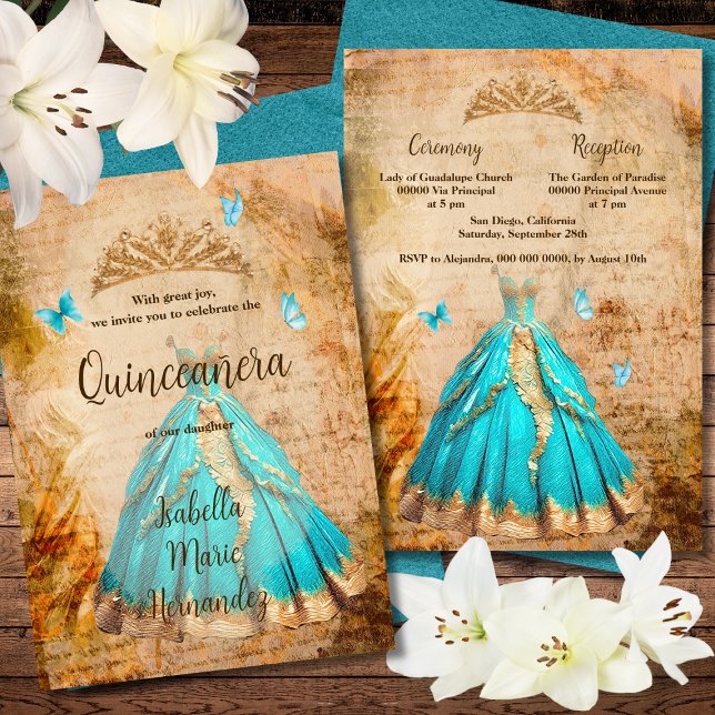 Invitation Elégant Turquoise Golden Vintage Quinceañera (Créateur téléchargé)