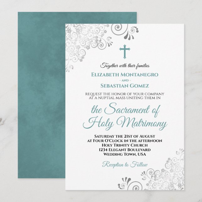 Invitation Elégant Turquoise & Gris Frills Moderne Mariage ca (Devant / Derrière)